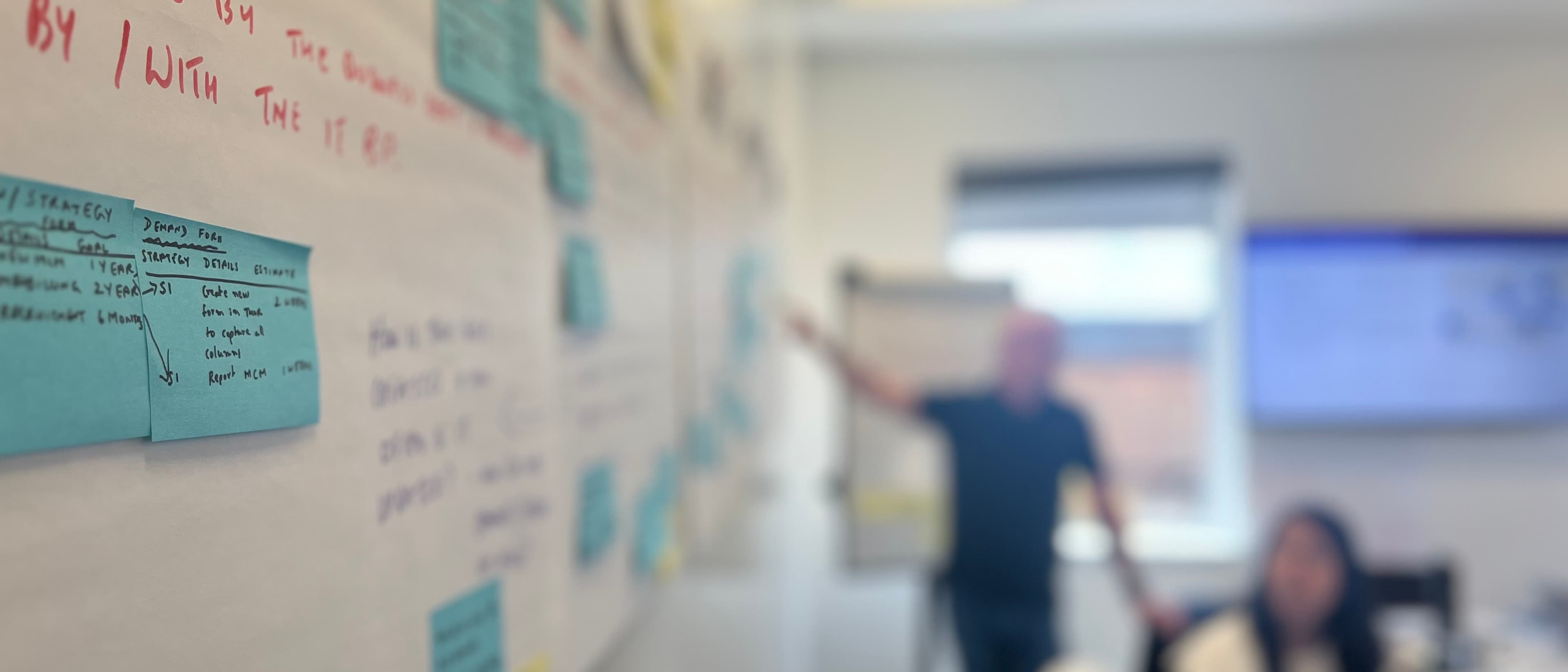 A wall of sticky notes and handwritten strategy detail, with a workshop facilitator at the board behind